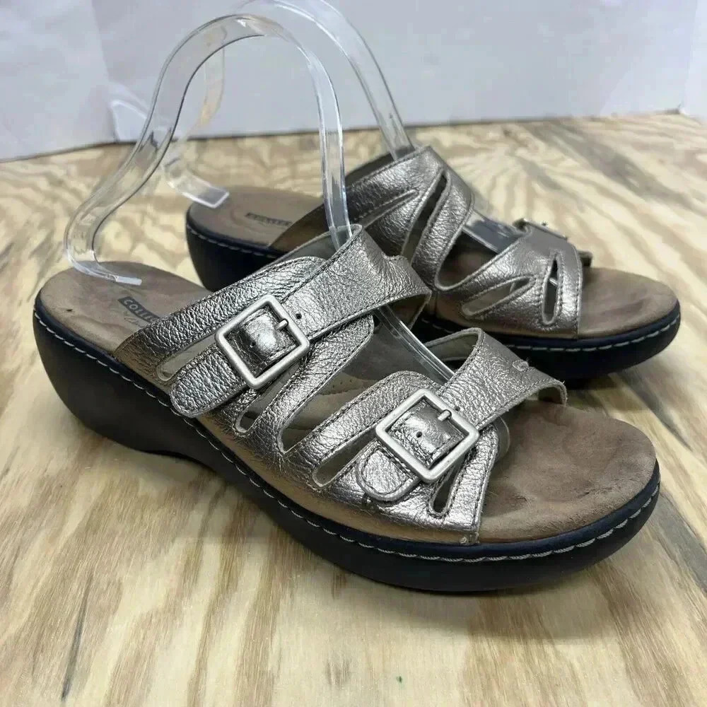 Clarks Collection Women's Slide Sandals Soft Cushion Sz 9.5 Metallic Gold